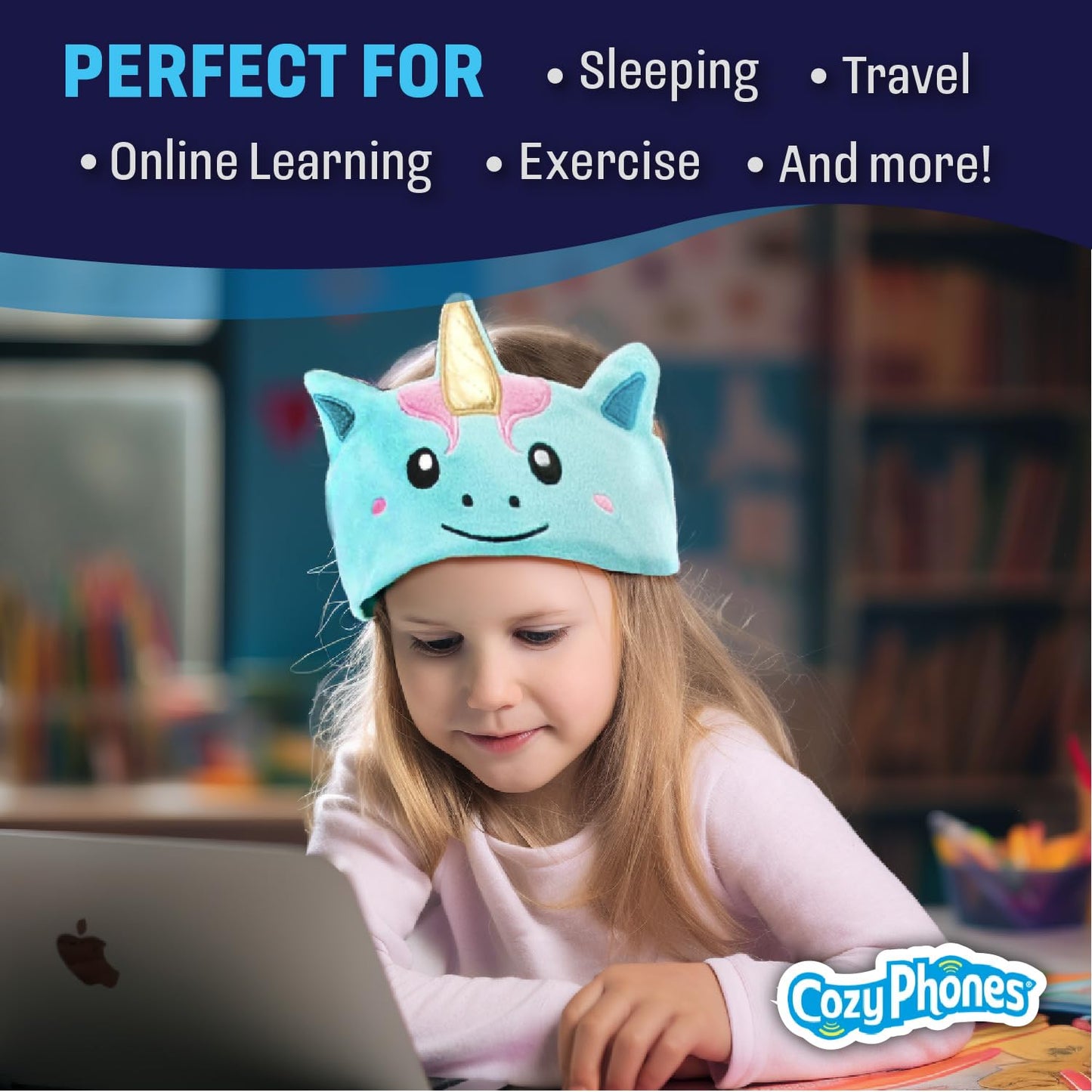 CozyPhones Kids Headphones, Headband Earphones for Children, Baby, & Toddlers 1-3. Stretchy & Comfy for Home, Plane & Car Travel Accessories - Mystic Unicorn