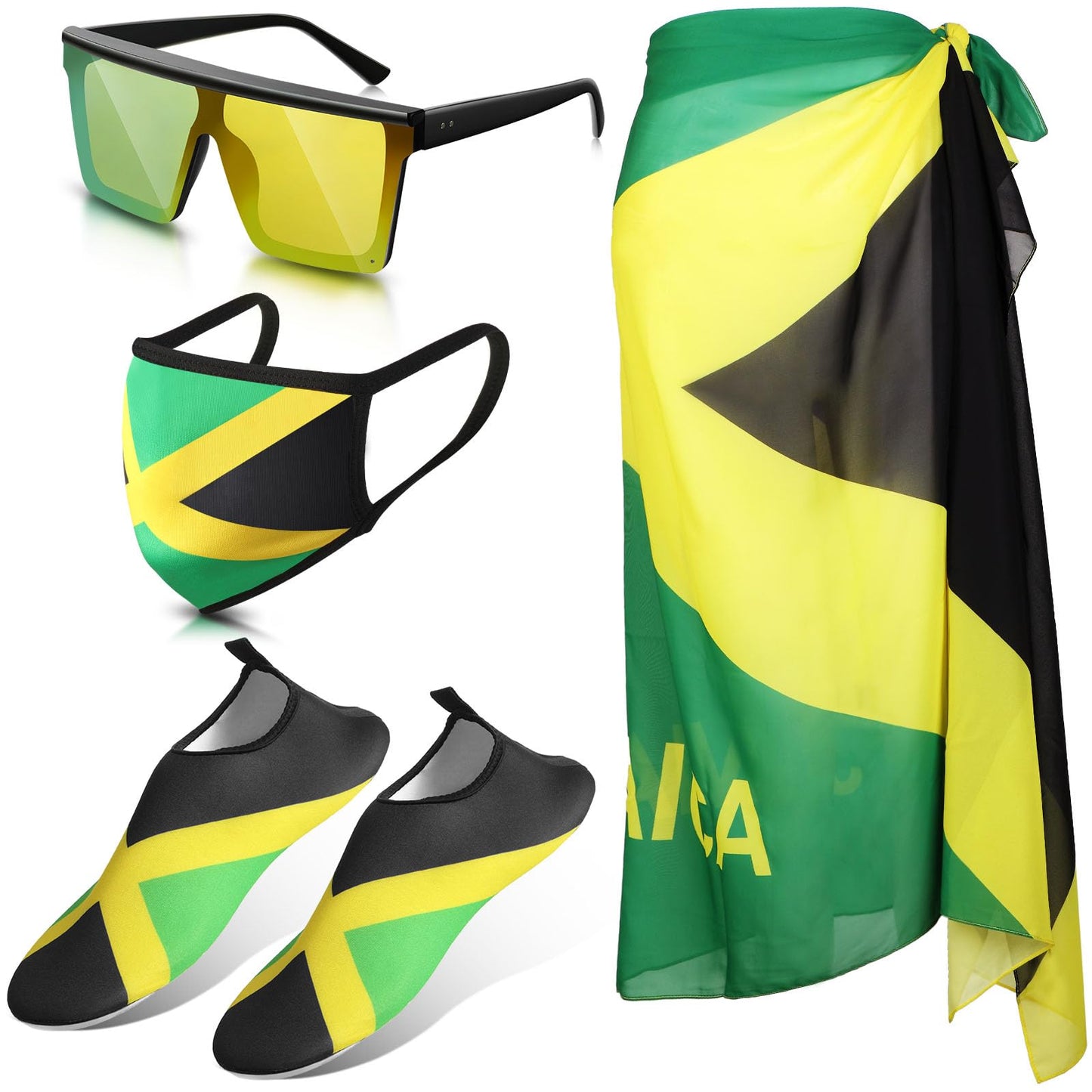 Yahenda 4 Pcs Jamaica Swimsuits for Women Set Include Water Shoes, Mask Sunglasses(Women 6.5-7.5,Jamaican Flag Color)