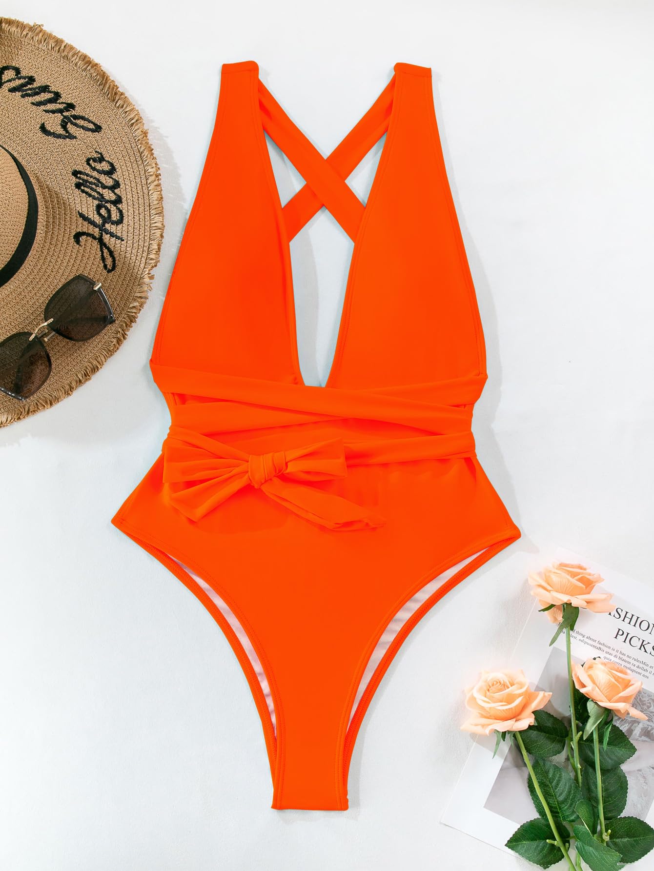 Lilosy Sexy Lace Up Plunge Neck Backless High Waisted Low Cut Leg Rise Thong Cheeky Brazilian 1 Piece Bikini Swimsuit Women Back Bathing Suit Tie Criss Cross Monokini Neon Orange Medium