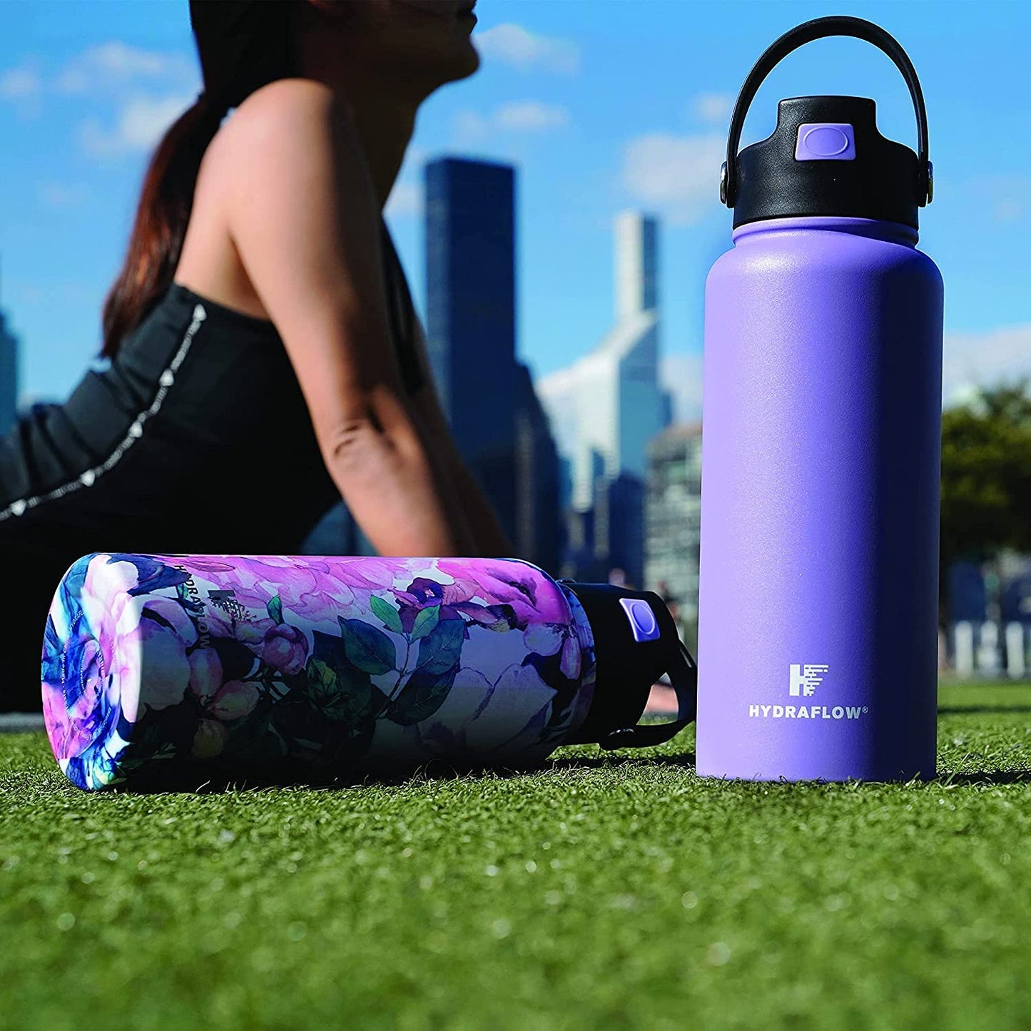 Hydraflow Hybrid - Triple Wall Vacuum Insulated Water Bottle with Flip Straw (25oz, Powder Graphite) Stainless Steel Metal Thermos, Reusable Leak Proof BPA-FREE for Sports and Travel