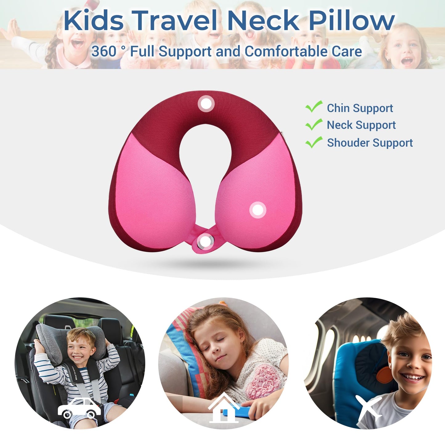 COOLBEBE Kids Chin Supporting Travel Neck Pillow,Softly Double Support Neck Pillow for Car & Airplane, Traveling Gifts for Toddler & Children(1, Raspberry Powder)