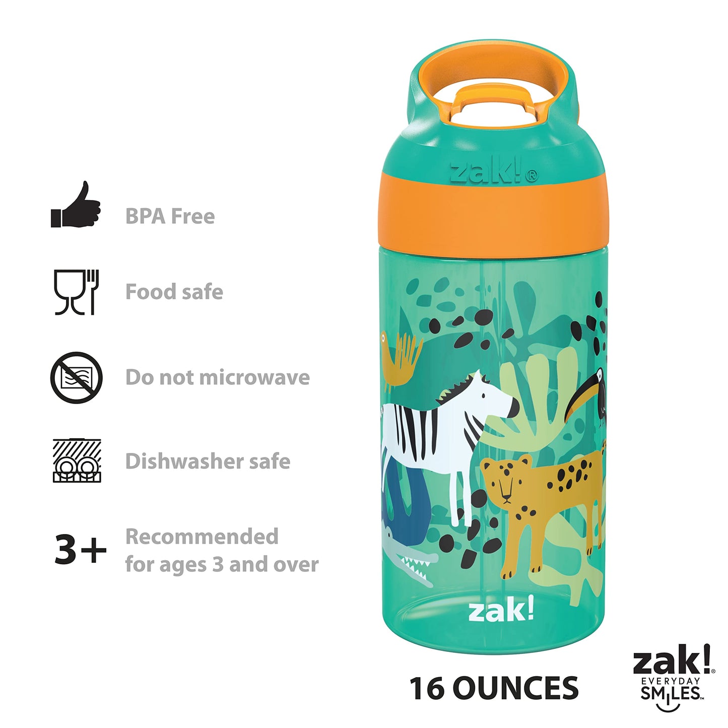 Zak Designs 16oz Riverside Kids Water Bottle with Spout Cover and Built-in Carrying Loop, Made of Durable Plastic, Leak-Proof Design for Travel (Dino Camo & Safari, Pack of 2)