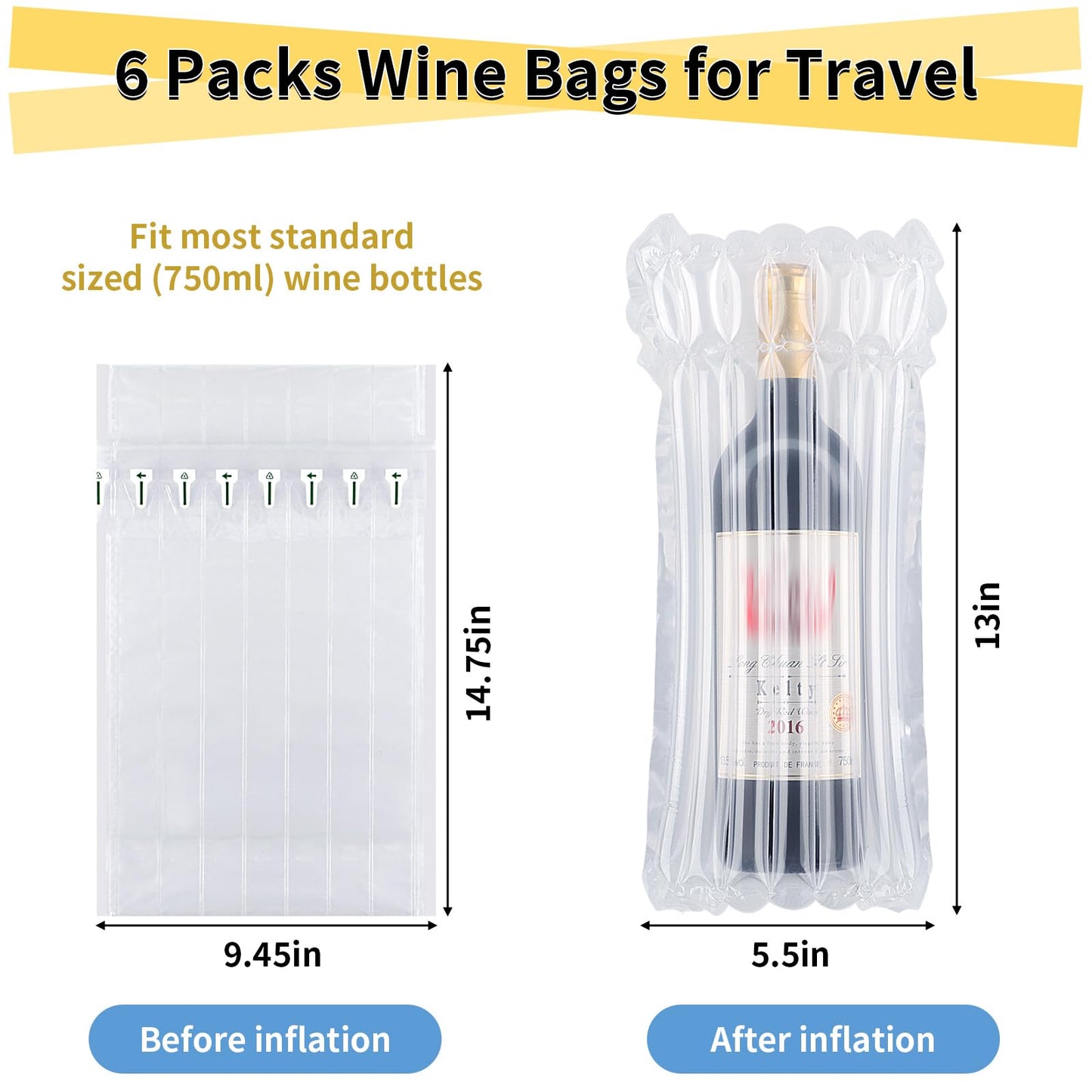 Wine Bottle Travel Protector Bags, 6 Packs Inflatable Wine Bags for Travel with Reusable Pump, Inflatable Air Column Wine Bottle Protector for Bottle Packaging in Airplane Transport with Luggage