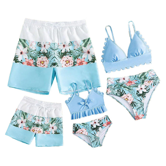 Family Swimsuits Matching Set Mother Girls Two Pieces Bikini Set Bathing Suit Father Boys Swim Trunk-Girls Sky Blue