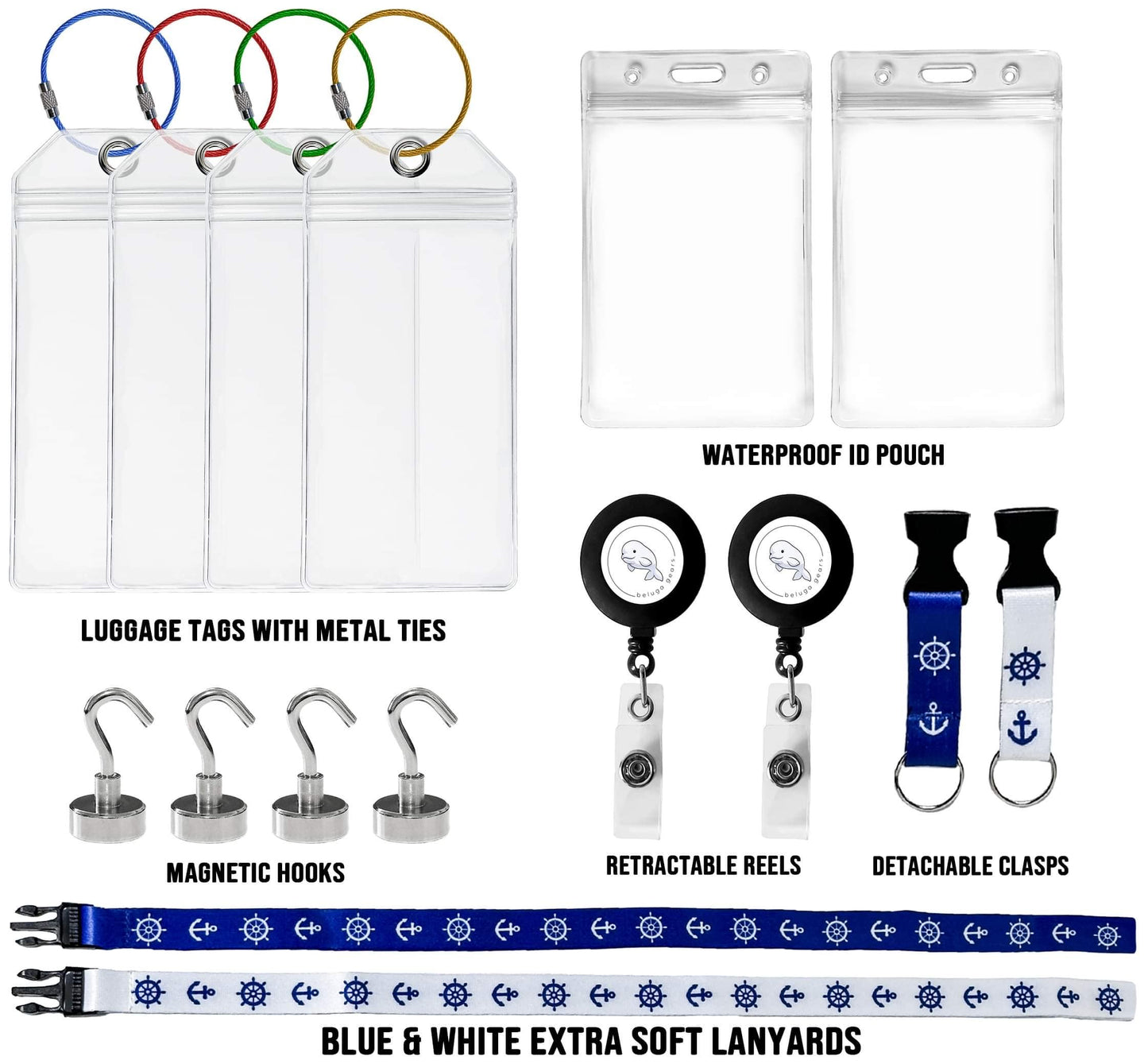 Cruise Luggage Tags Essentials 4 Sets with Zip Seal and Steel Loops + 2 Cruise Lanyard Detachable ID Holder Badge + 4 Cruise Cabin Magnetic Hooks (27lbs) - fits All Cruise line (Big tag Set)