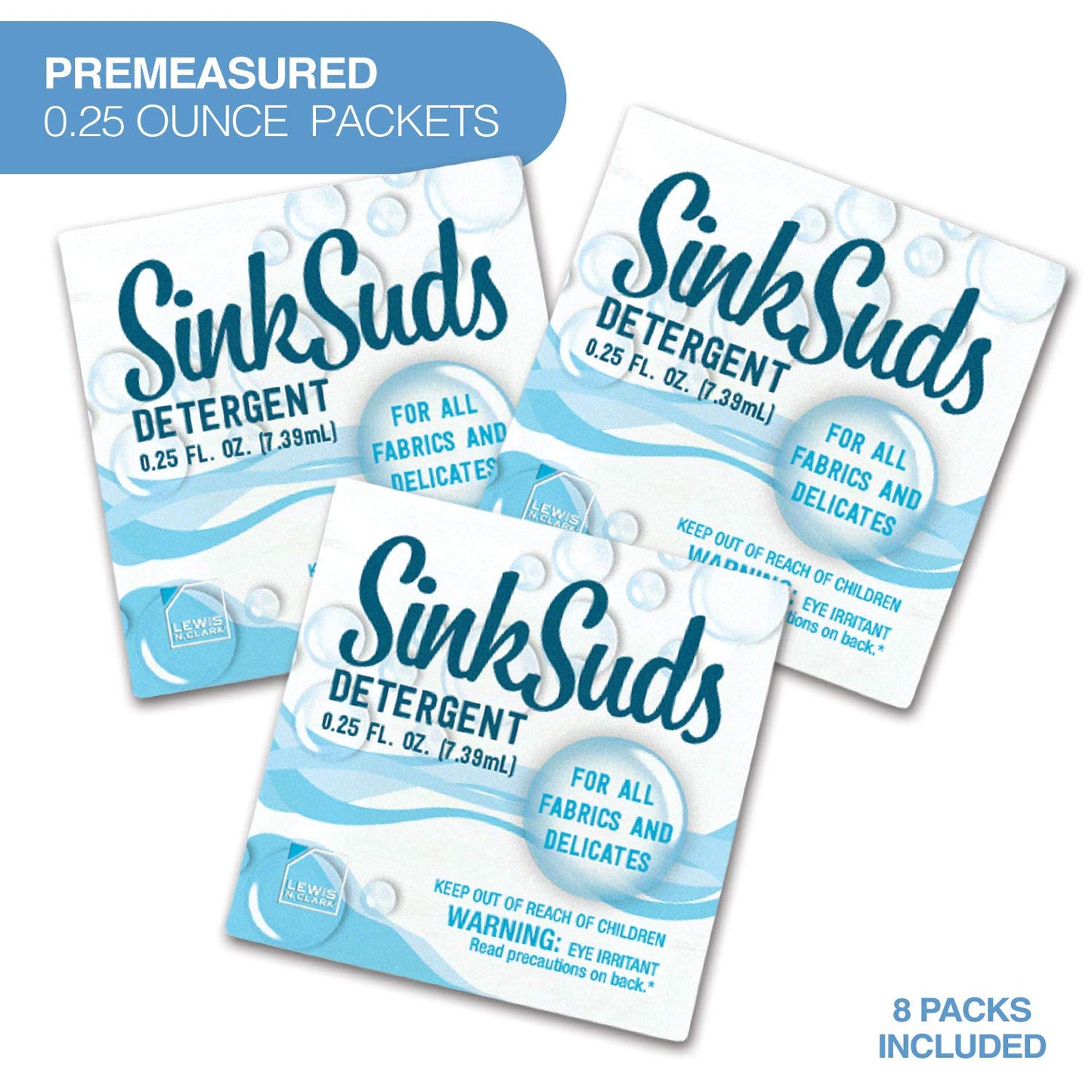 SinkSuds Laundry Detergent, Travel Size Liquid Soap, TSA Compliant, Safe For All Fabrics, 8 Packets (Packaging May Vary)