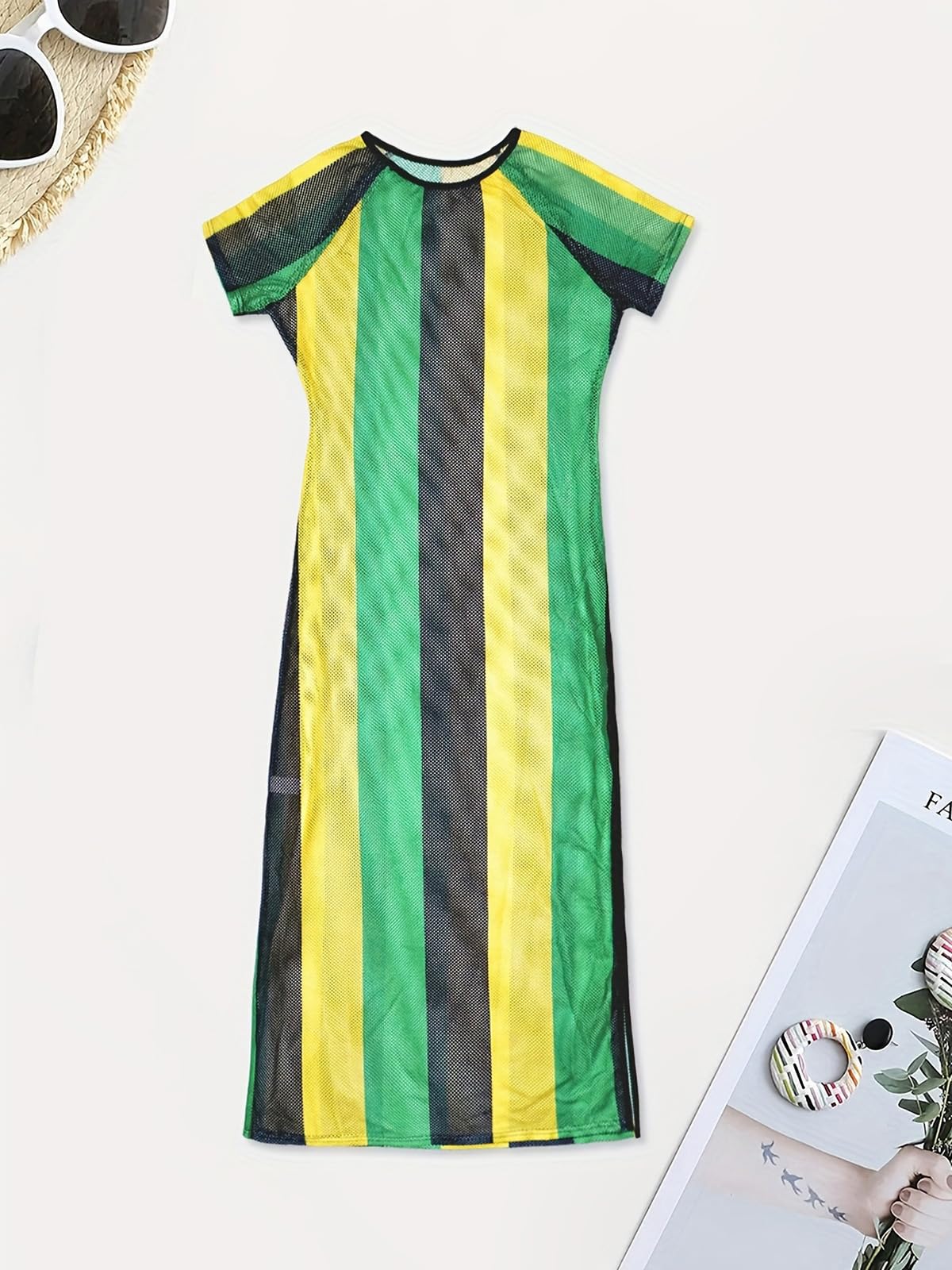 XZLUFNY Jamaica Swimsuits for Women Carnival Round Neck Short Sleeve Side Split Straight Color Blocking Spliced Cover Ups (Long M) Green