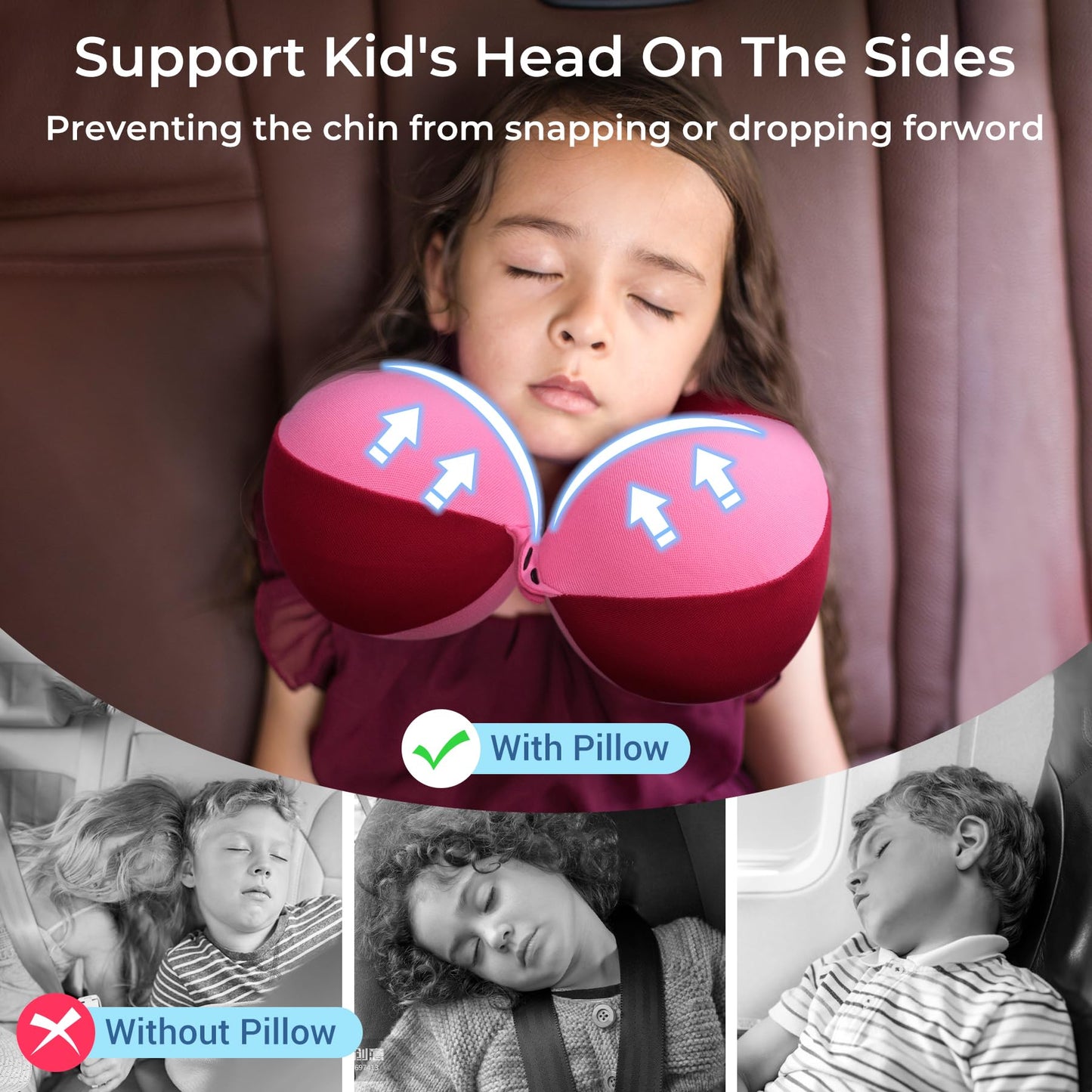 COOLBEBE Kids Chin Supporting Travel Neck Pillow,Softly Double Support Neck Pillow for Car & Airplane, Traveling Gifts for Toddler & Children(1, Raspberry Powder)