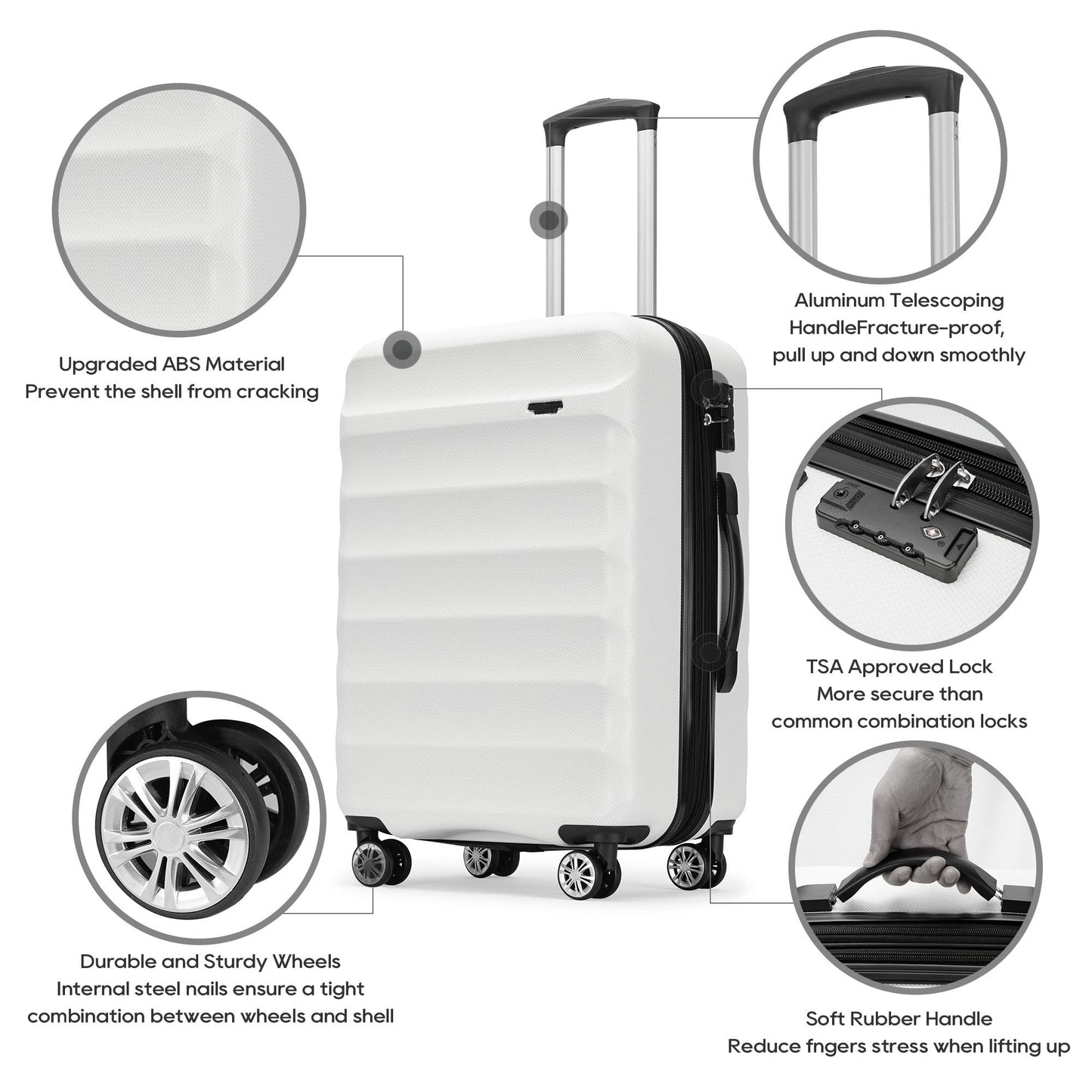 GinzaTravel 3-Piece PP Luggage Set with TSA Locks, Expandable, and Friction-Resistant in white - Includes 20", 24" & 28" Spinner Suitcases