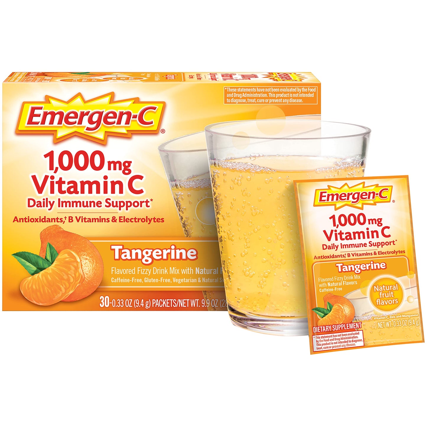 Emergen-C 1000mg Vitamin C Powder, with Antioxidants, B Vitamins and Electrolytes, Vitamin C Supplements for Immune Support, Caffeine Free Fizzy Drink Mix, Tangerine Flavor - 30 Count