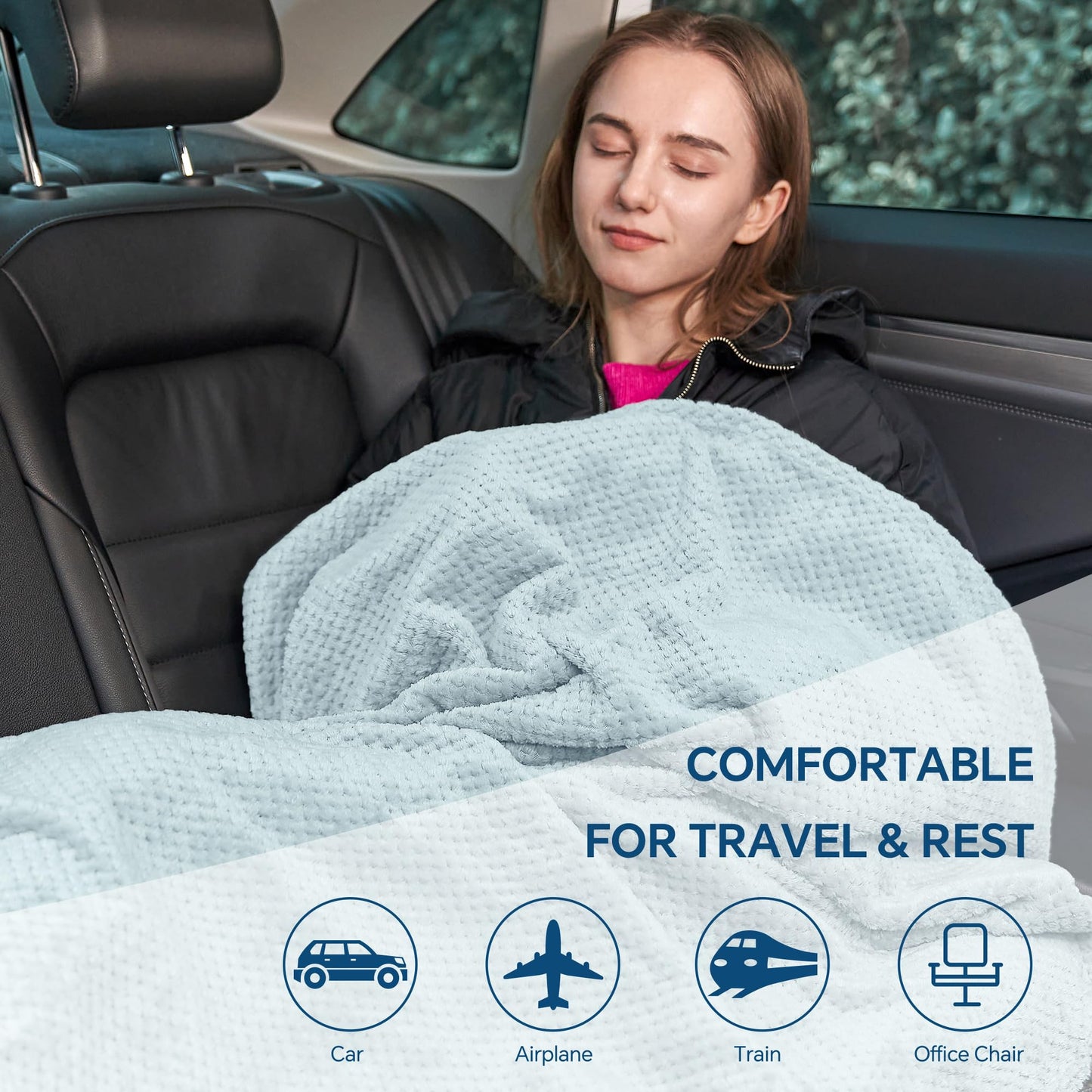 BEDELITE Travel Blanket Airplane Compact with Bag, Portable and Packable 2 in 1 Jacquard Travel Pillow and Blanket Set, Airplane Blanket Travel Essentials with Luggage Sleeve & Backpack Clip, Blue