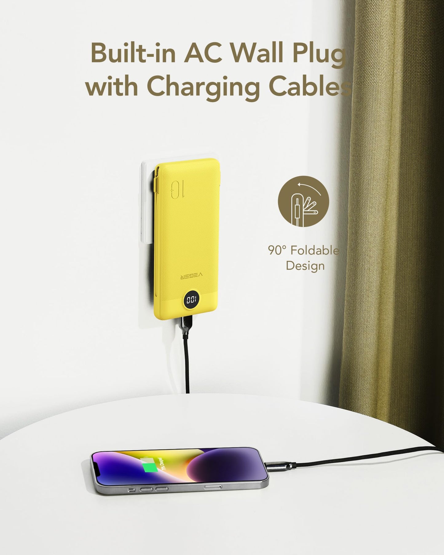 VEGER Portable Charger for iPhone with Built in Cables and Wall Plug, 10000mah Slim Fast Charging USB C Power Bank, Travel Essential Battery Pack Compatible with iPhone, iPad, Samsung etc(Yellow)