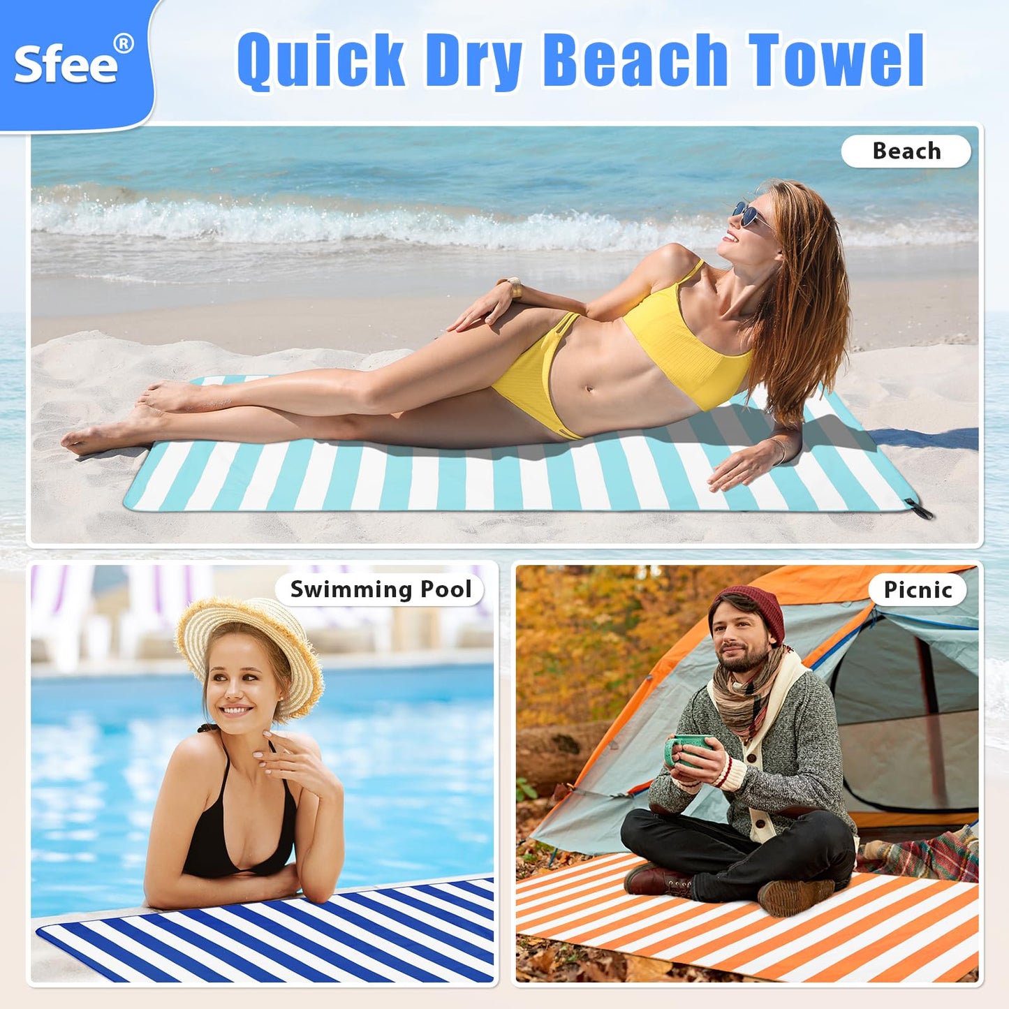 Sfee 2 Pack Microfiber Oversized Beach Towel, Quick Dry Towel Travel Towel Camping Towel Super Absorbent Compact Lightweight Sports Towel Gym Towel for Beach,Gym, Hiking, Pool, Backpacking, Bath, Yoga