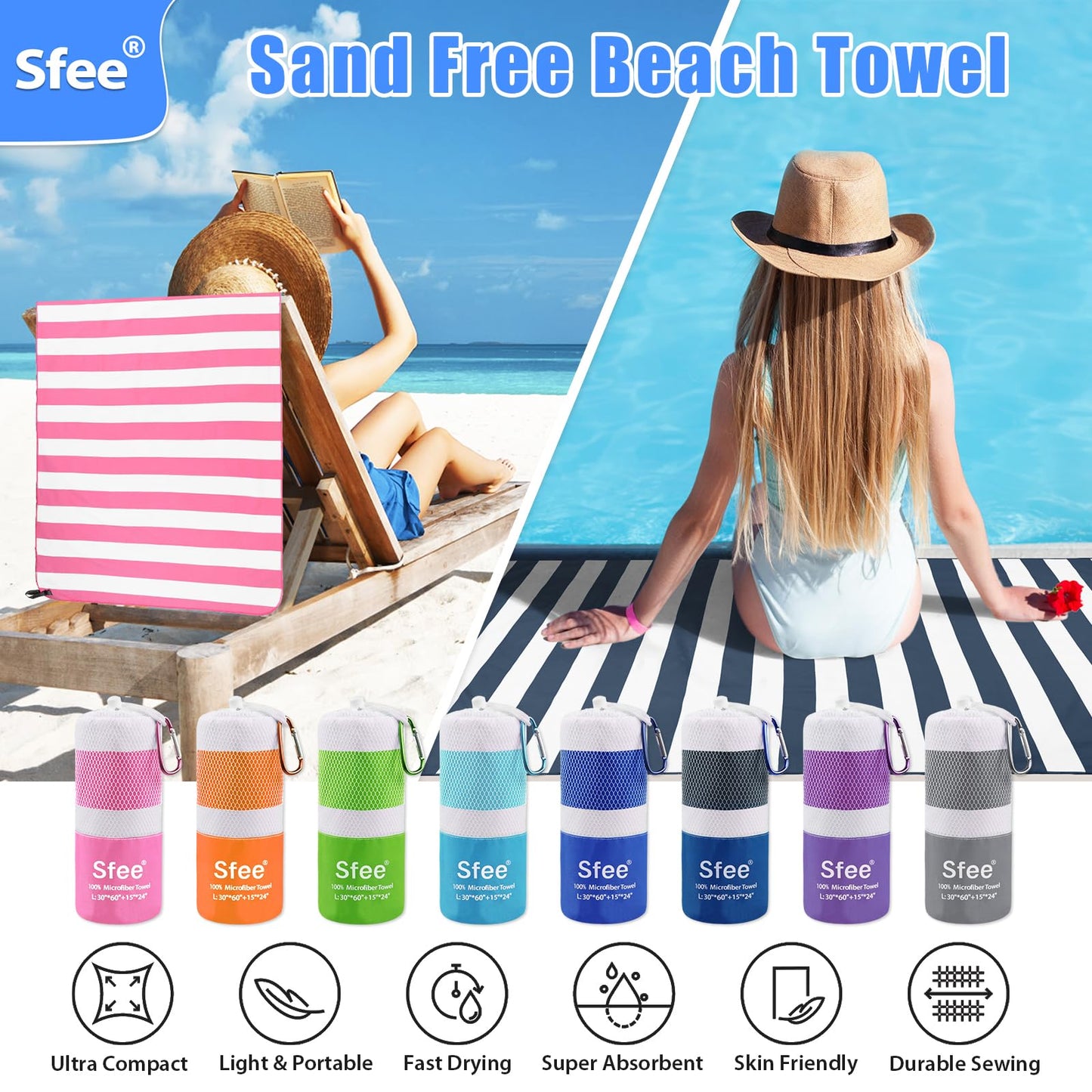 Sfee 2 Pack Microfiber Oversized Beach Towel, Quick Dry Towel Travel Towel Camping Towel Super Absorbent Compact Lightweight Sports Towel Gym Towel for Beach,Gym, Hiking, Pool, Backpacking, Bath, Yoga