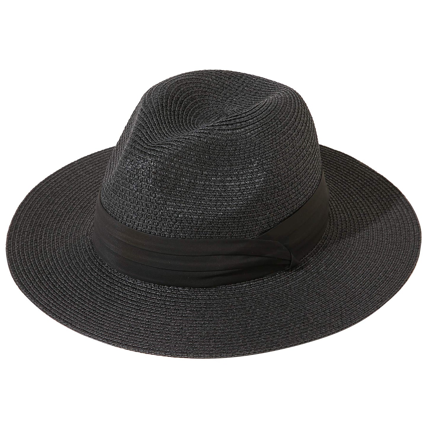 Lanzom Women Wide Brim Straw Panama Roll up Hat Fedora Beach Sun Hat UPF50+ (02-fold Belt Black)