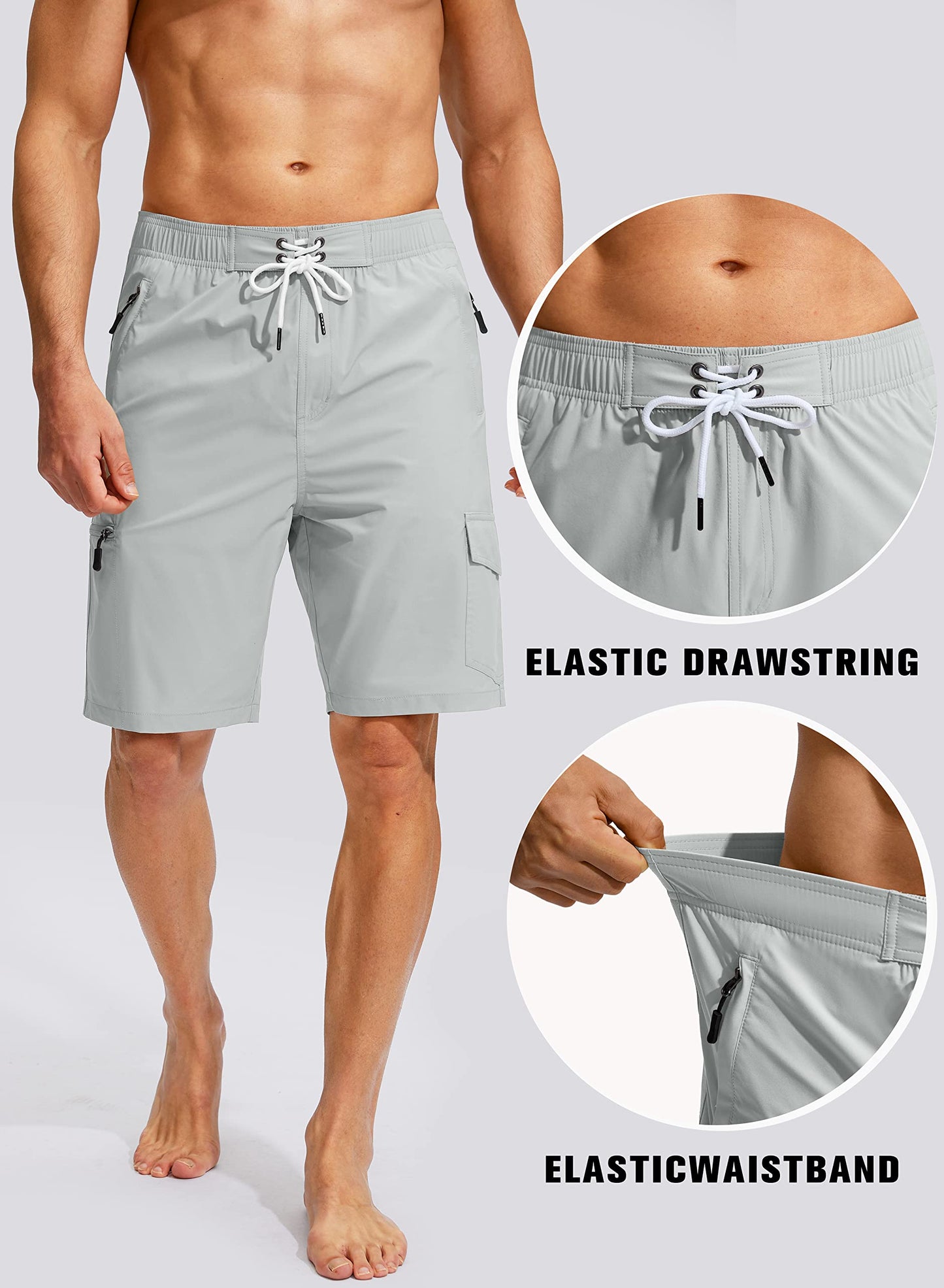 Kayrth Men's Swim Trunks Quick Dry Board Shorts with 5 Pockets Swimsuit Swimwear for Men - No Mesh Liner Light Grey