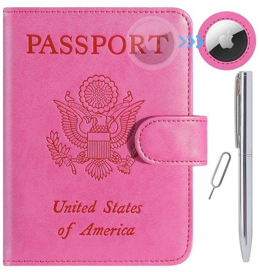 Airtag Passport Holder Cover Wallet RFID Blocking Leather Case Travel Essentials Luggage Accessories Travel Must Have(118#Pink)