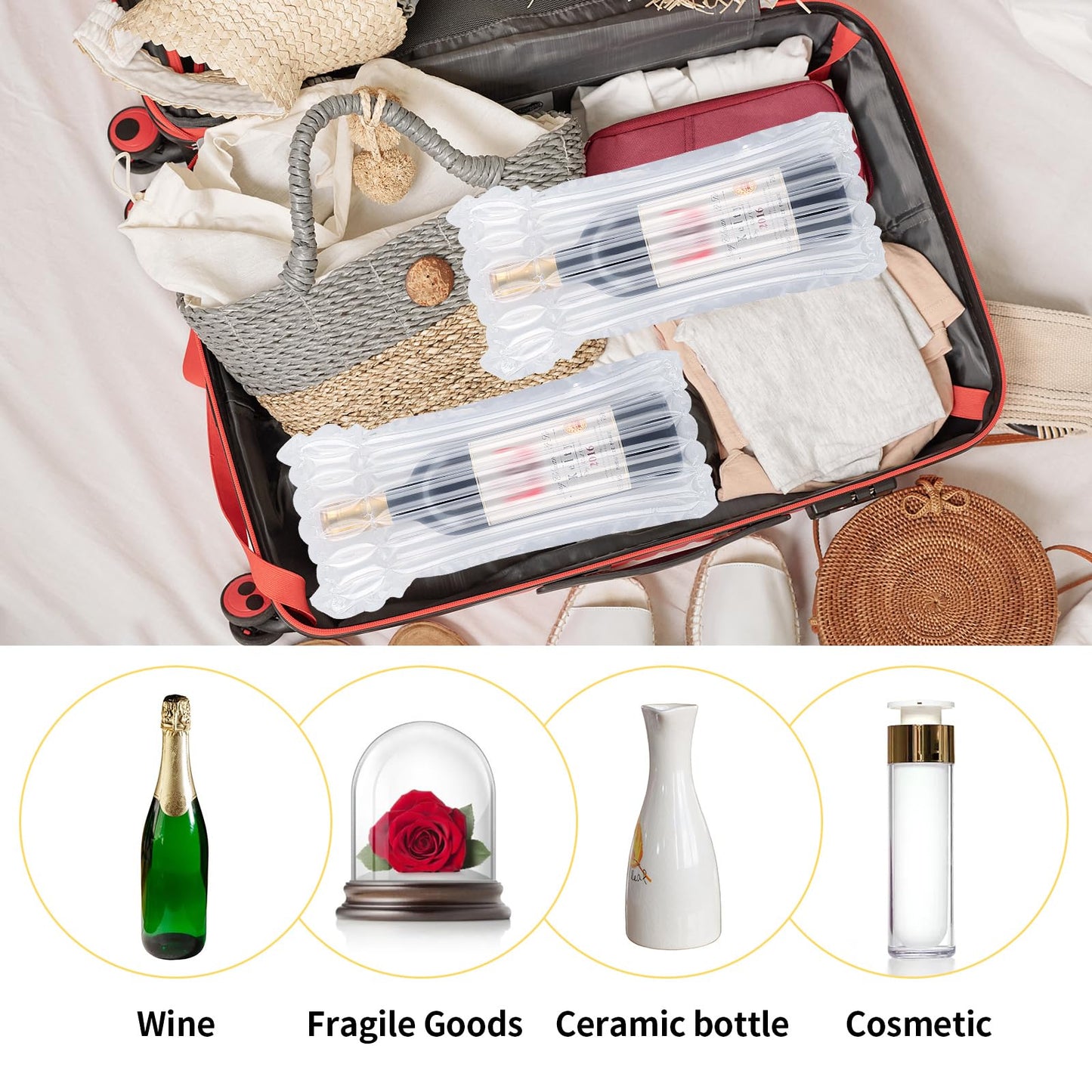 Wine Bottle Travel Protector Bags, 6 Packs Inflatable Wine Bags for Travel with Reusable Pump, Inflatable Air Column Wine Bottle Protector for Bottle Packaging in Airplane Transport with Luggage