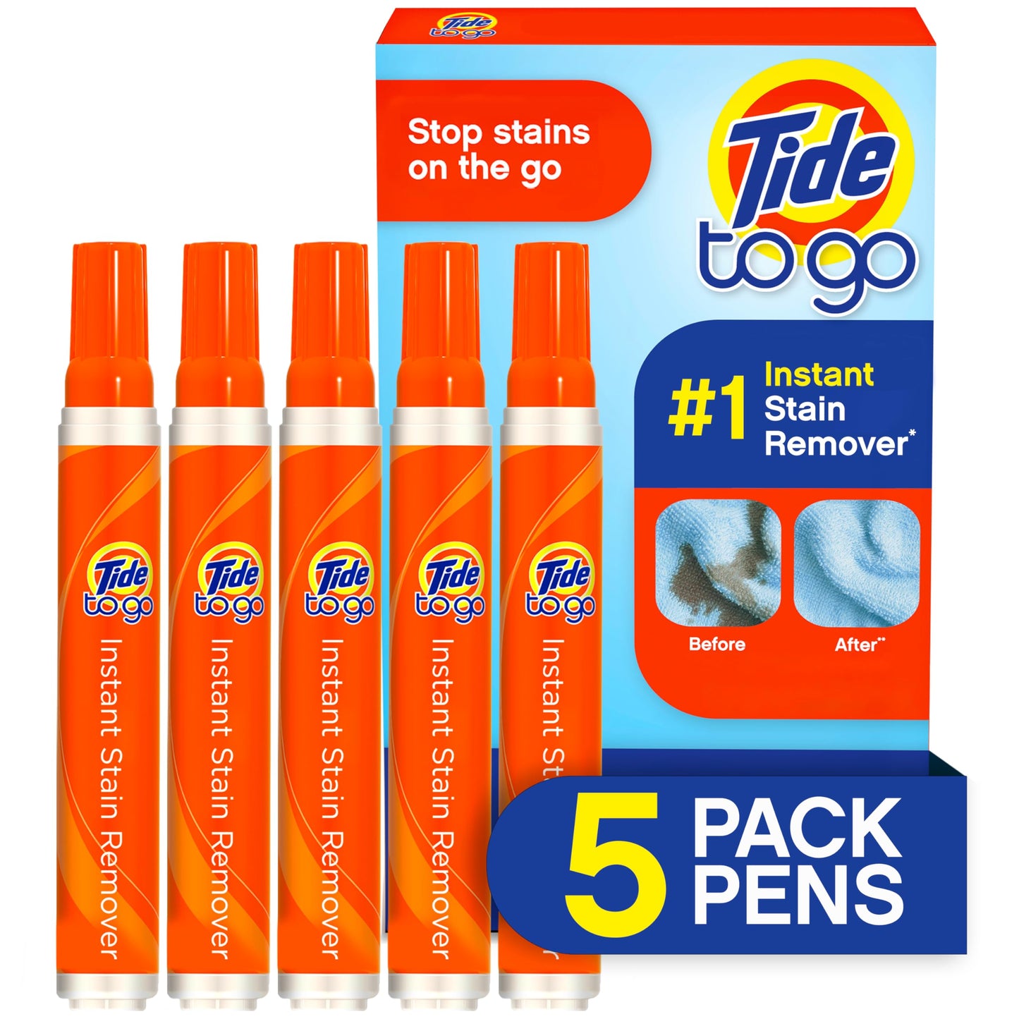 Tide Stain Remover for Clothes, Tide To Go Pen, Instant Stain Remover for Clothes, Travel & Pocket Size, 5 Count (Pack of 1)