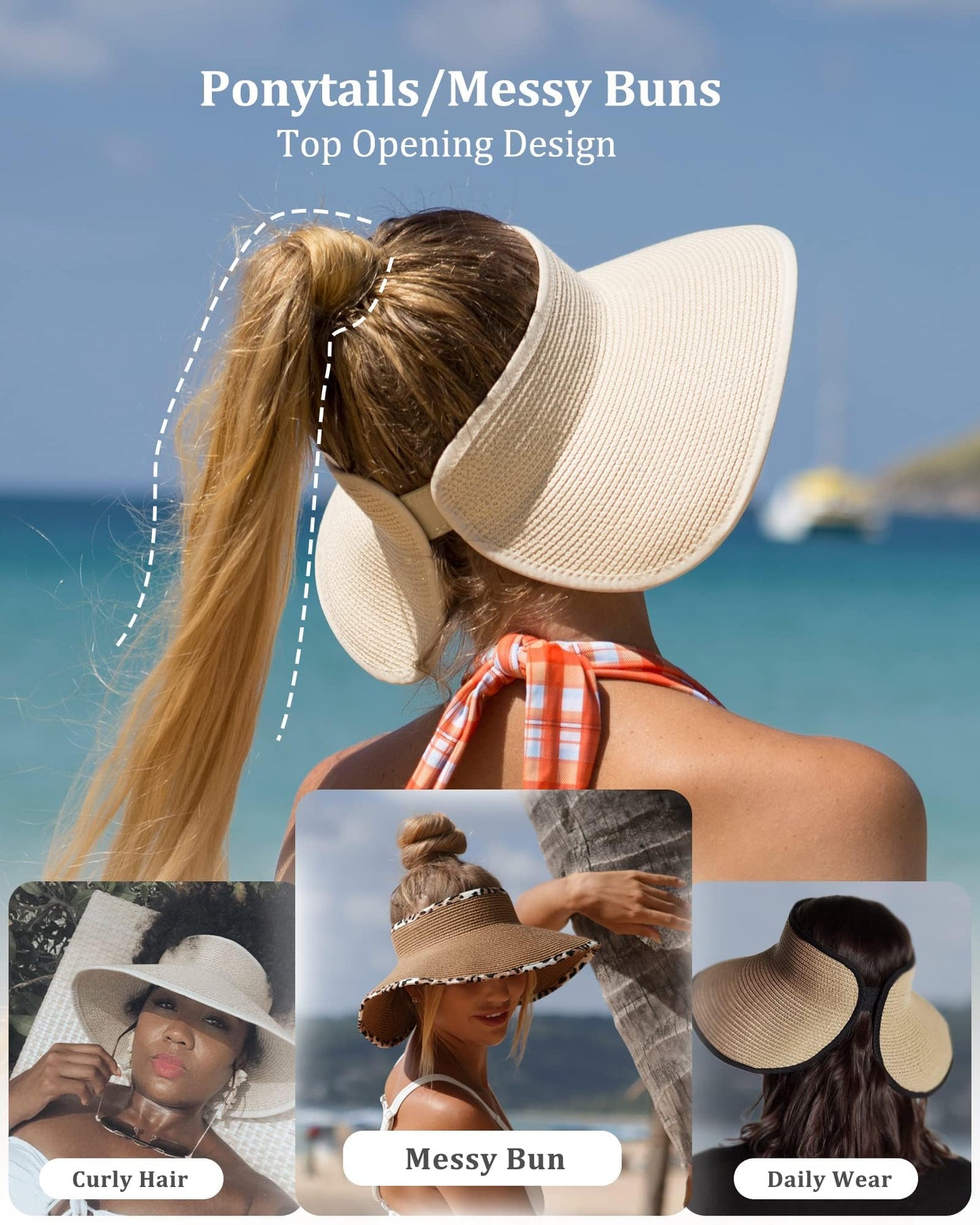 FURTALK Sun Visor Hats for Women Wide Brim Straw Roll-Up Ponytail Summer Beach Hat UV UPF Packable Foldable Travel Khaki