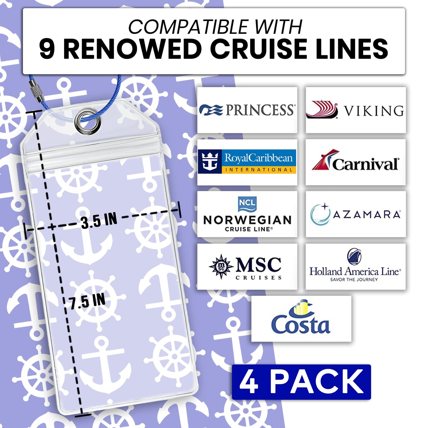 Cruise Luggage Tags Essentials 4 Sets with Zip Seal and Steel Loops + 2 Cruise Lanyard Detachable ID Holder Badge + 4 Cruise Cabin Magnetic Hooks (27lbs) - fits All Cruise line (Big tag Set)