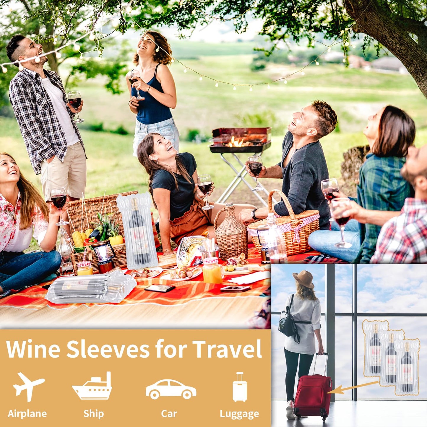 Wine Bottle Travel Protector Bags, 6 Packs Inflatable Wine Bags for Travel with Reusable Pump, Inflatable Air Column Wine Bottle Protector for Bottle Packaging in Airplane Transport with Luggage