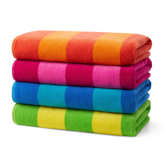 Ben Kaufman 100% Cotton Velour Towels - Large Cotton Towels - Soft & Absorbant - Assorted Striped Colors - 30” x 60” - 4 Pack