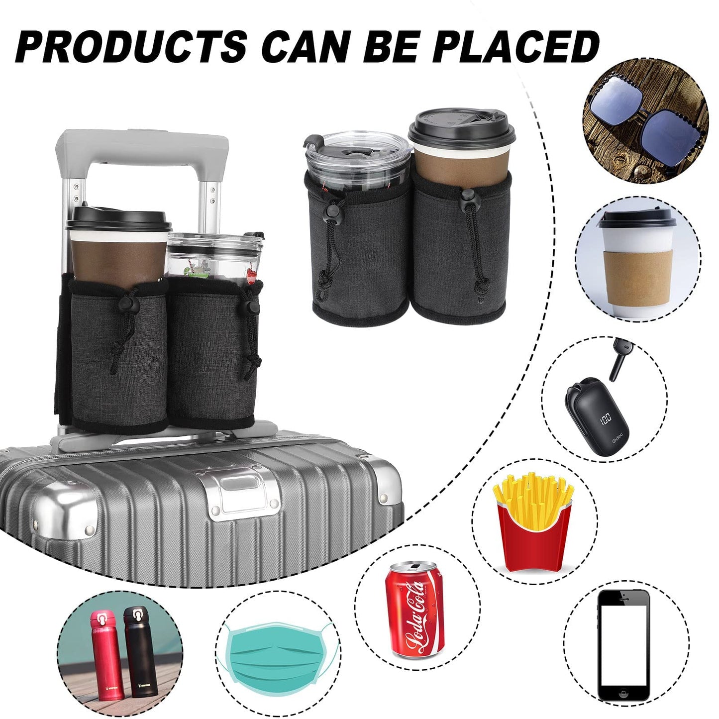 Travel Essentials Drink Holder, with 2 Coffee Mugs Tightening Drawstring, Luggage Cup Holder Attachment, for Flight Attendant & Travelers - Travel Luggage Accessories by YSCEN (red)