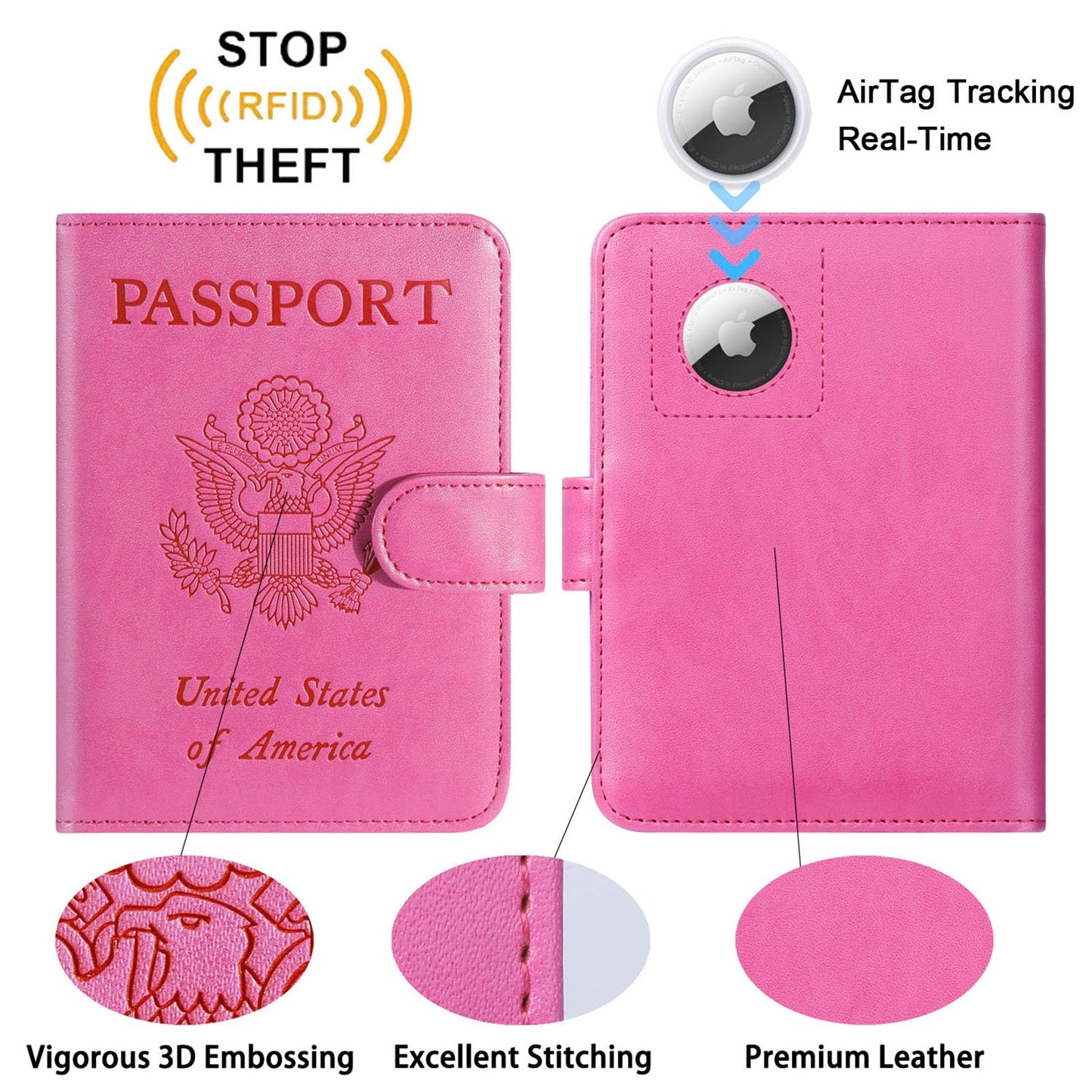 Airtag Passport Holder Cover Wallet RFID Blocking Leather Case Travel Essentials Luggage Accessories Travel Must Have(118#Pink)