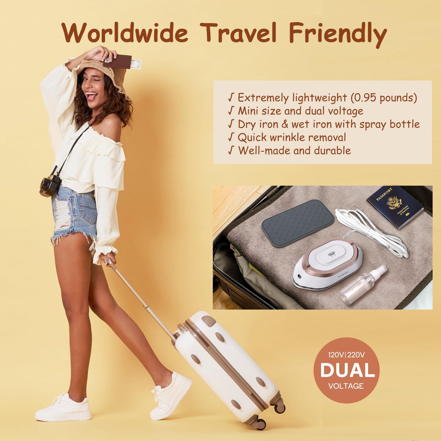 Newbealer Travel Iron with Dual Voltage - 120V/220V Lightweight Dry for Clothes (No Steam), Non-Stick Ceramic Soleplate, 302℉ Mini Heat Press Machine, w/Spray Bottle, Pouch & Silicone Stand