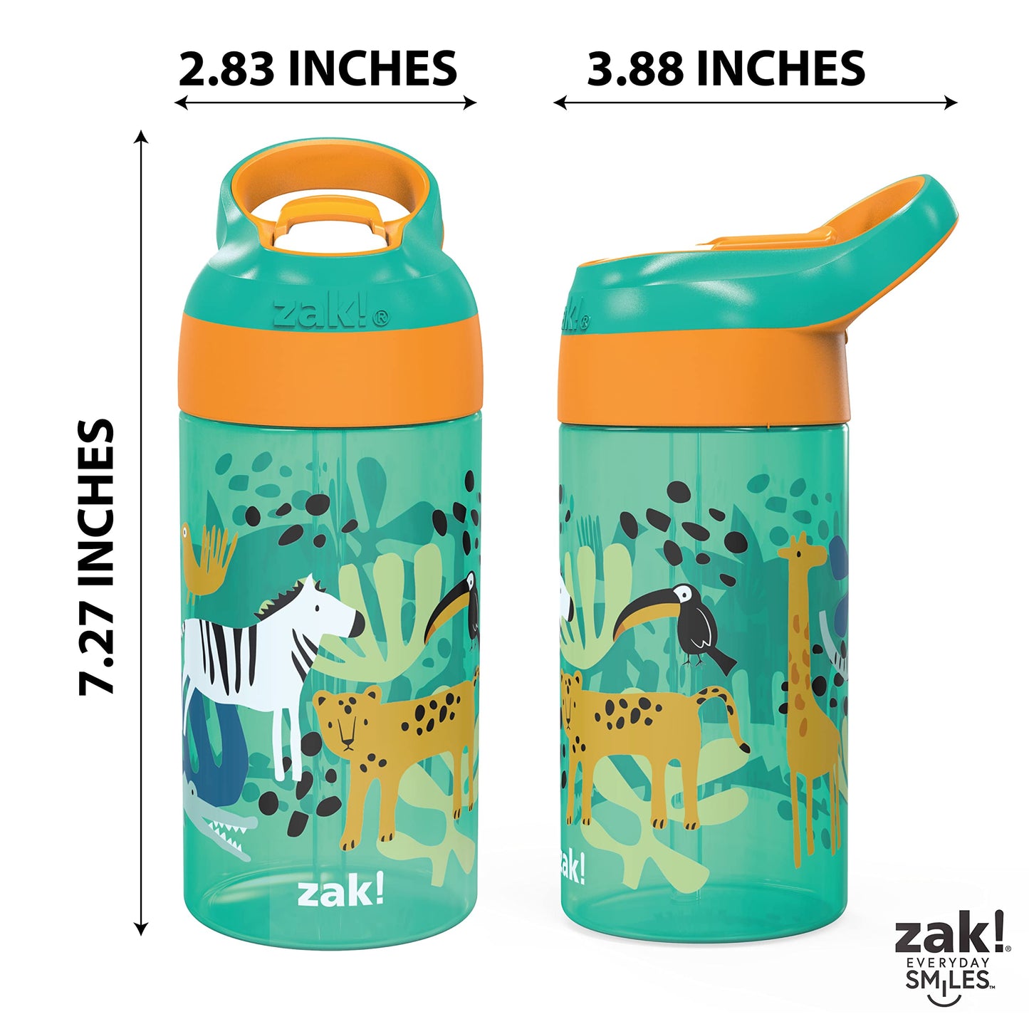 Zak Designs 16oz Riverside Kids Water Bottle with Spout Cover and Built-in Carrying Loop, Made of Durable Plastic, Leak-Proof Design for Travel (Dino Camo & Safari, Pack of 2)