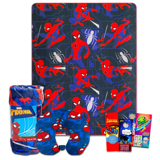 Spiderman Travel Blanket and Pillow Set - Bundle with Spiderman Blanket, Neck Pillow, Stickers, More | Spiderman Travel Accessories for Kids