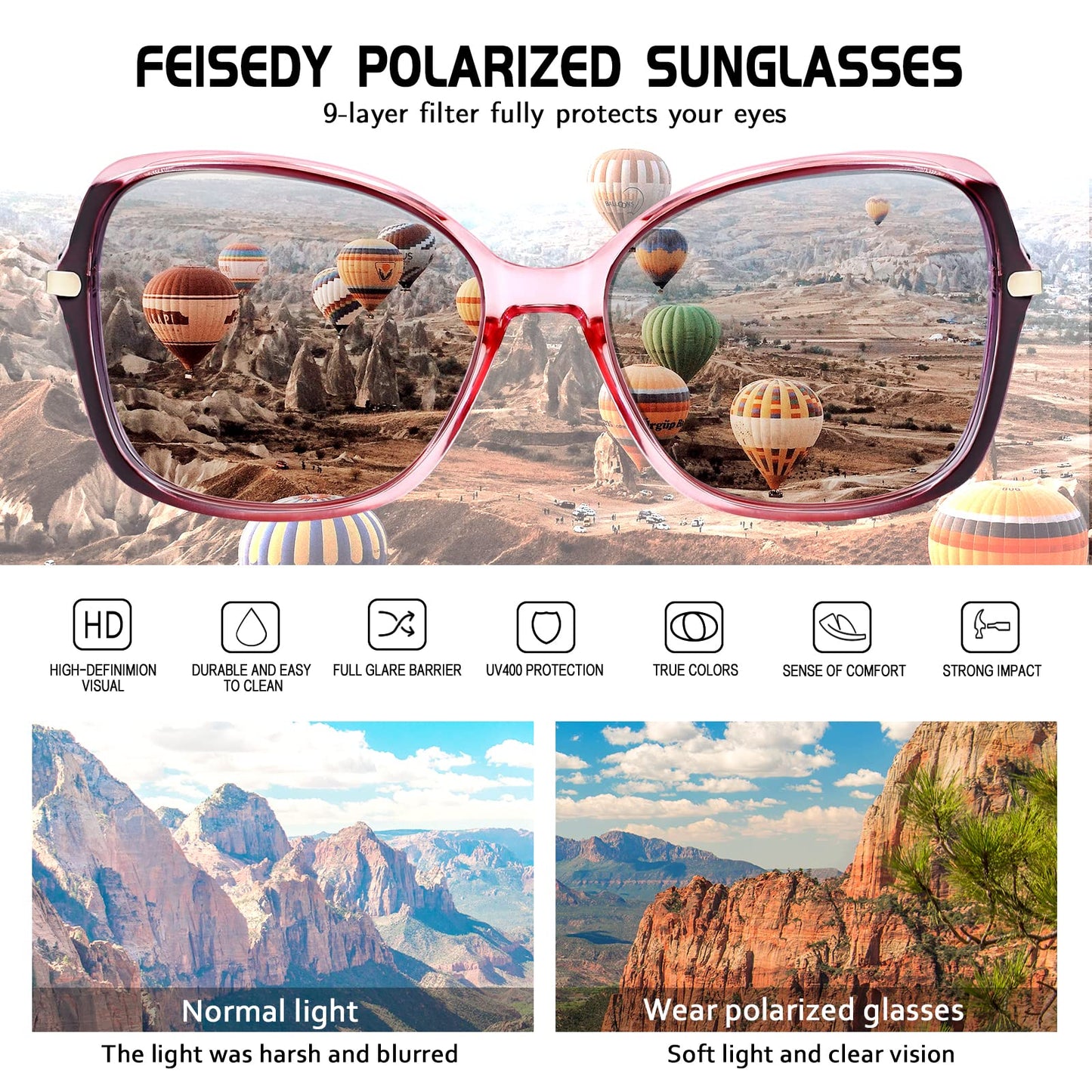 FEISEDY Womens Polarized Sunglasses, Trendy Elegant Colored Frame for Ladies, UV400 Protection B2760