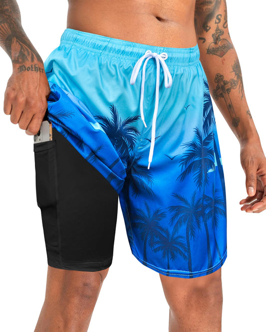 MaciRept Men's Palm Tree Swimming Trunks, Quick Dry Board Shorts for Swimwear, Beach and Bathing Suits, Adjustable Drawstring Waist, Zipper Secure Pocket, Large, Polyester