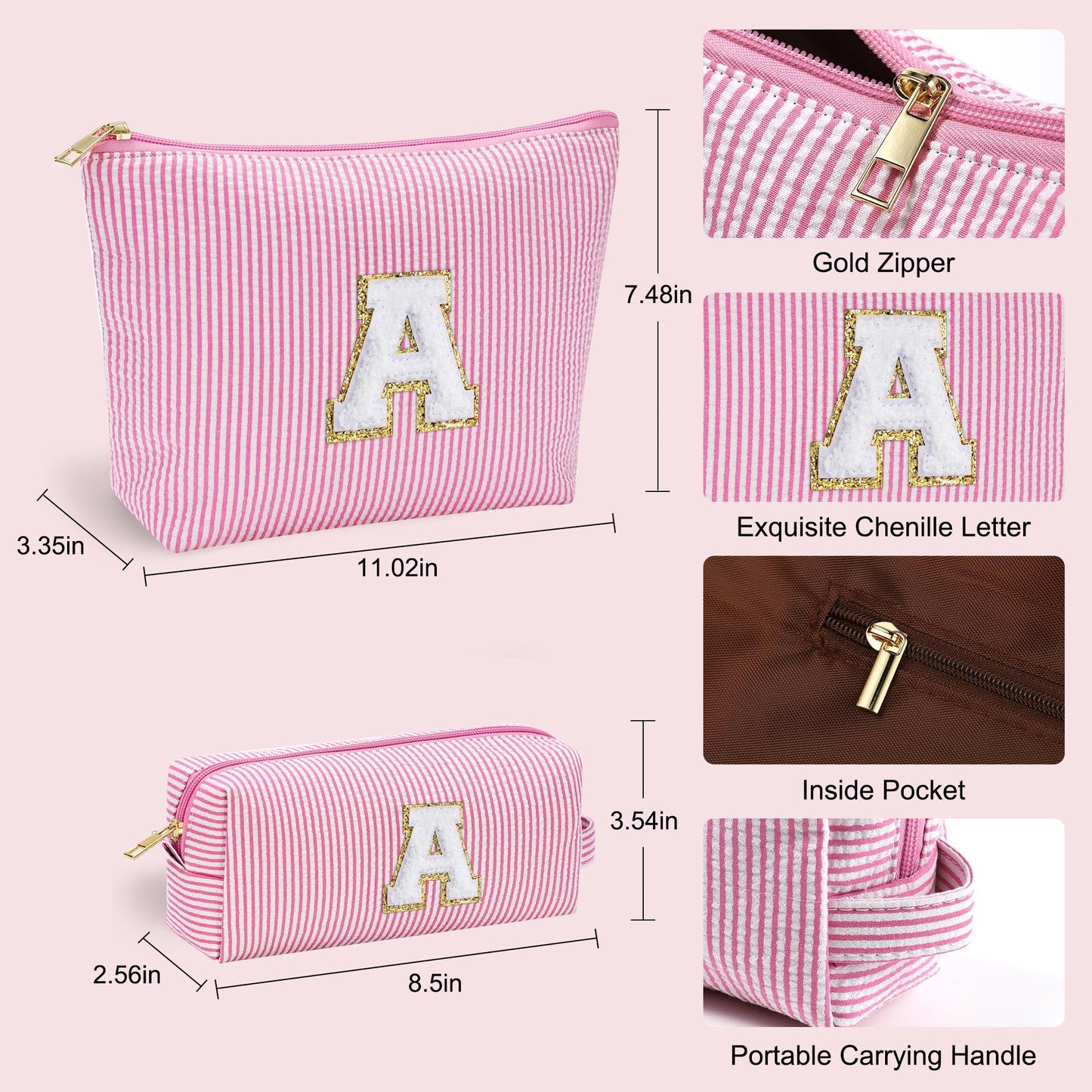 YOOLIFE Graduation Gifts Personalized Initial Cute Pink Cosmetic Makeup Bag Make Up Bag Travel Toiletry Bag for Her Mom Girlfriend Wife Teacher Birthday Gifts for Women Skincare for Girls 10-12 A