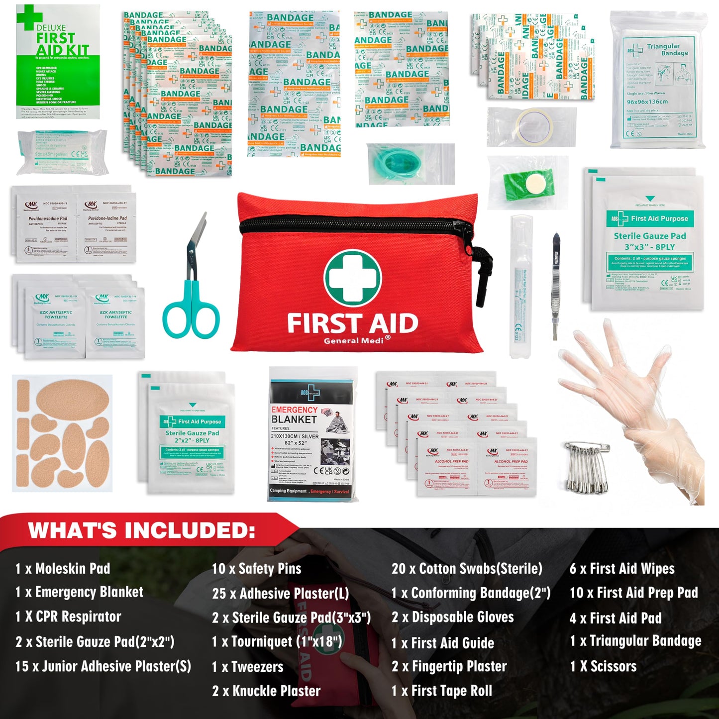 General Medi Mini First Aid Kit, 110 Piece Small First Aid Kit - Includes Emergency Foil Blanket, Scissors for Travel, Home, Office, Vehicle, Camping, Workplace & Outdoor (Red)