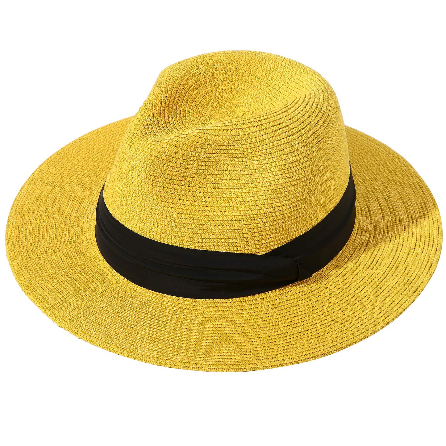 Lanzom Women Wide Brim Straw Panama Roll up Hat Fedora Beach Sun Hat UPF50+ (Yellow)