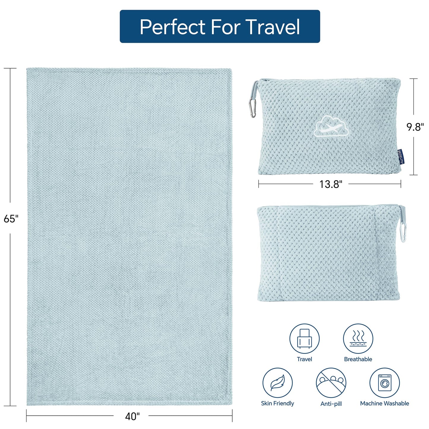 BEDELITE Travel Blanket Airplane Compact with Bag, Portable and Packable 2 in 1 Jacquard Travel Pillow and Blanket Set, Airplane Blanket Travel Essentials with Luggage Sleeve & Backpack Clip, Blue