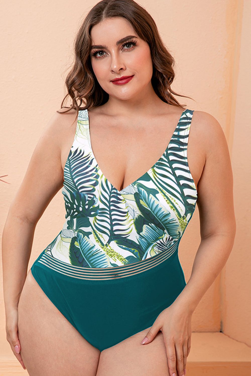 Full Size Two-Tone Plunge One-Piece Swimsuit